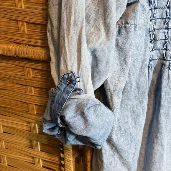 Tantrums Chambray Smocked Bib Blouse Roll Tab Sleeves XXL boho western classic - Picture 5 of 8